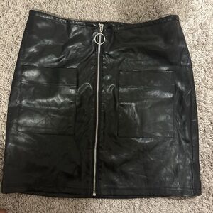 Black Leather Skirt with Front Zipper